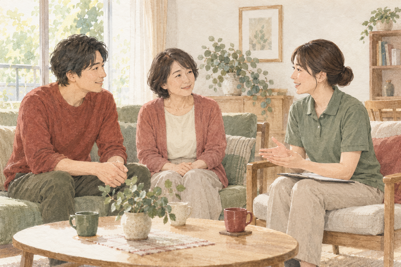 本人と家族が訪問看護師に相談する様子を描いたイメージイラスト