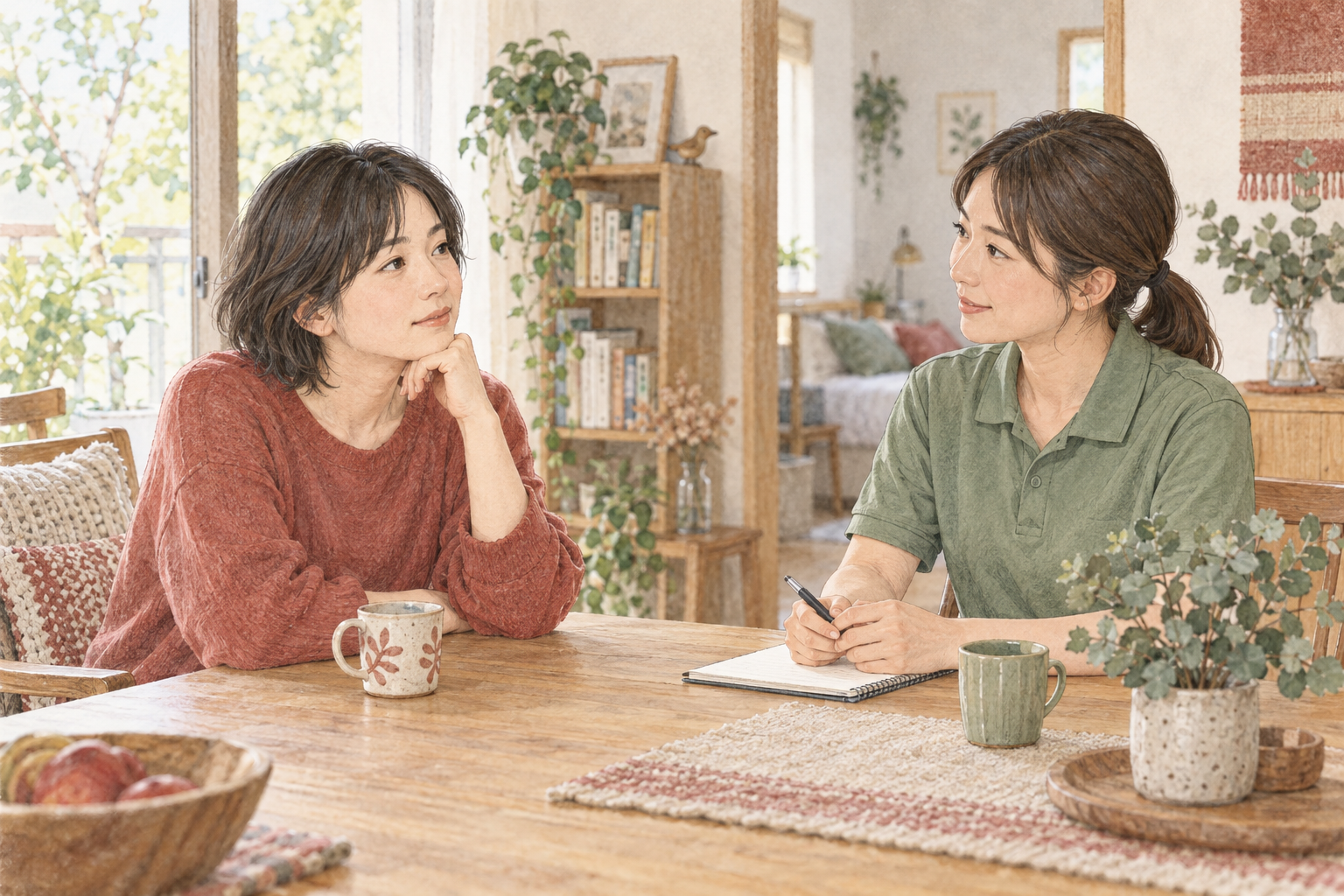 自宅で訪問看護師に暮らしの困りごとを話す方のイメージイラスト