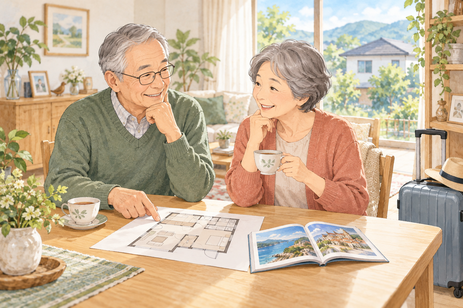 間取り図と旅行の本を広げ、住み替え後の暮らしを話し合うご夫婦