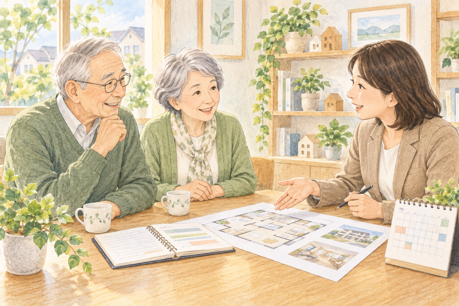 ご夫婦が住み替え先の間取りや費用、入居時期について相談する様子