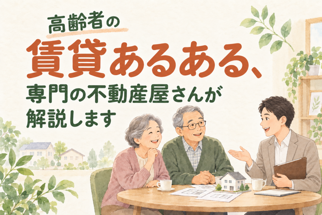 高齢者の賃貸あるある、専門の不動産屋さんが解説します。男性の不動産担当者とご夫婦のイラスト